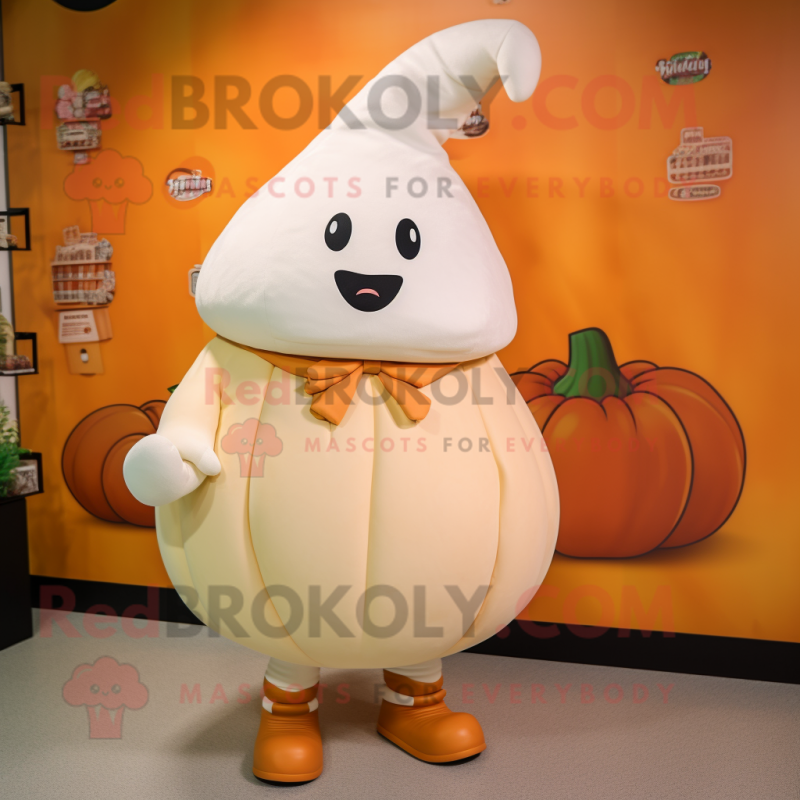 Cream Pumpkin mascot costume character dressed with a Leggings and Hats