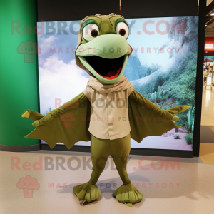 Olive Pterodactyl mascot costume character dressed with a Cargo Pants and Scarf clips