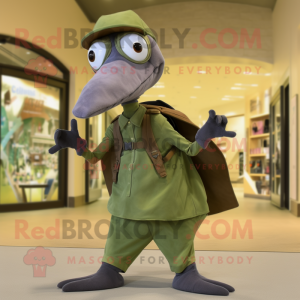 Olive Pterodactyl mascot costume character dressed with a Cargo Pants and Scarf clips