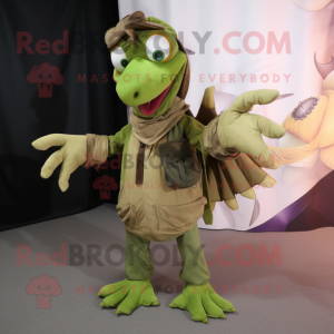 Olive Pterodactyl mascot costume character dressed with a Cargo Pants and Scarf clips