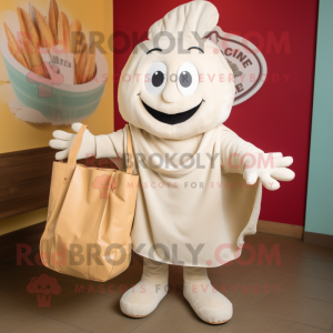 Cream Clam Chowder mascot costume character dressed with a Sweater and Tote bags