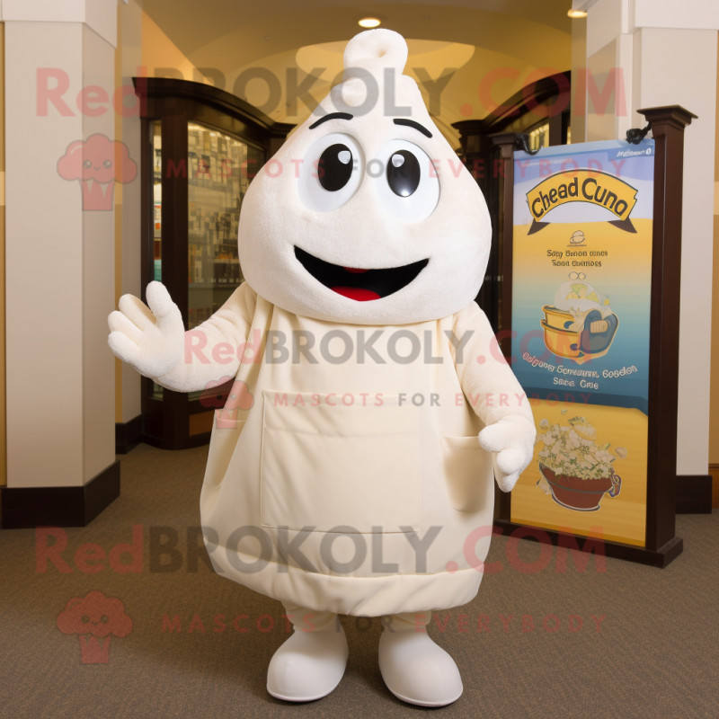 Cream Clam Chowder mascot costume character dressed with a Sweater and Tote bags