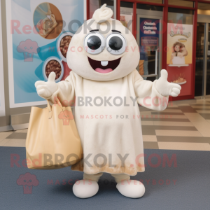 Cream Clam Chowder mascot costume character dressed with a Sweater and Tote bags