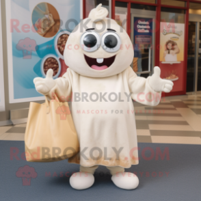 Cream Clam Chowder mascot costume character dressed with a Sweater and Tote bags