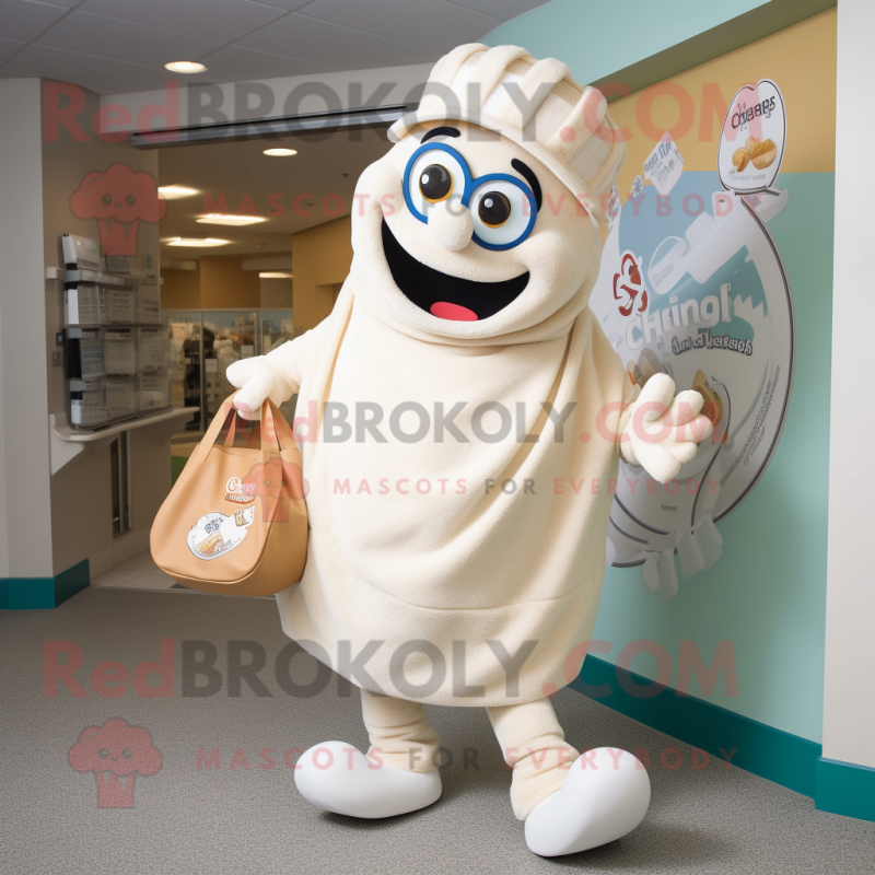 Cream Clam Chowder mascot costume character dressed with a Sweater and Tote bags