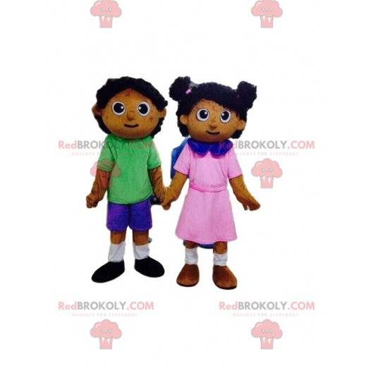 2 mascotes de crianças, bonecos, um menino e uma menina -