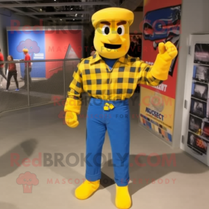 Yellow Gi Joe mascot costume character dressed with a Flannel Shirt and Ties