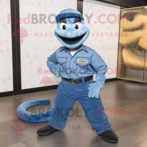 Blue Anaconda mascot costume character dressed with a Denim Shirt and Shoe clips