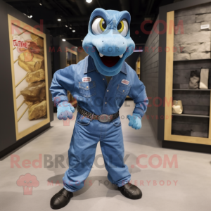 Blue Anaconda mascot costume character dressed with a Denim Shirt and Shoe clips