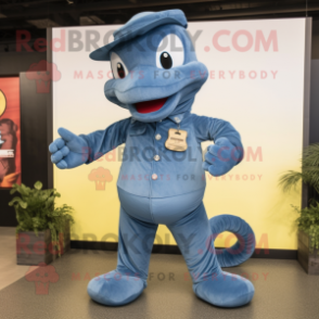 Blue Anaconda mascot costume character dressed with a Denim Shirt and Shoe clips