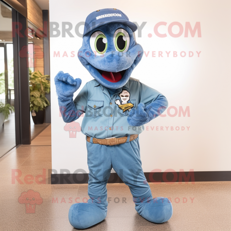 Blue Anaconda mascot costume character dressed with a Denim Shirt and Shoe clips Blue Anaconda mascot costume character dressed with a Denim Shirt and Shoe clips