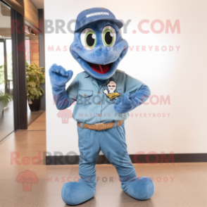 Blue Anaconda mascot costume character dressed with a Denim Shirt and Shoe clips