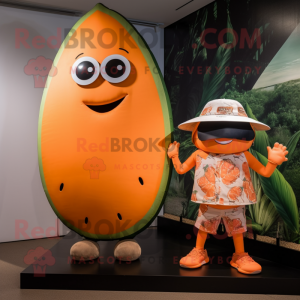 Orange Melon mascot costume character dressed with a Board Shorts and Watches