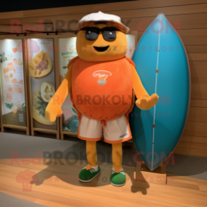 Orange Melon mascot costume character dressed with a Board Shorts and Watches