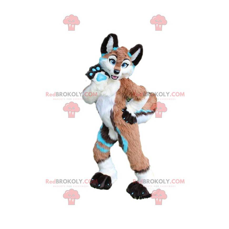 Fox mascotte met kleurrijke vacht, hondenkostuum, husky -