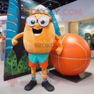Orange Melon mascot costume character dressed with a Board Shorts and Watches