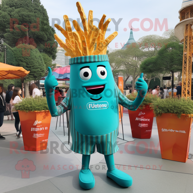 Teal French Fries mascot costume character dressed with a Jumpsuit and Shoe laces Teal French Fries mascot costume character dressed with a Jumpsuit and Shoe laces