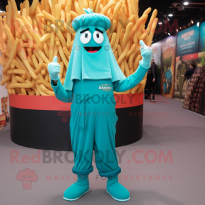 Teal French Fries mascot costume character dressed with a Jumpsuit and Shoe laces