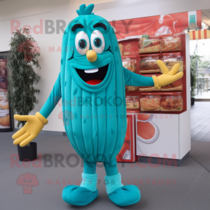 Teal French Fries mascot costume character dressed with a Jumpsuit and Shoe laces