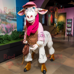 Pink Boer Goat mascot costume character dressed with a Flare Jeans and Scarves