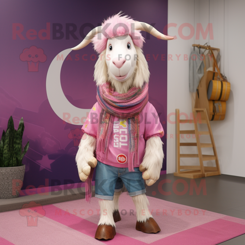 Pink Boer Goat mascot costume character dressed with a Flare Jeans and Scarves