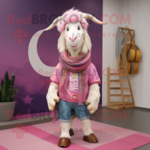 Pink Boer Goat mascot costume character dressed with a Flare Jeans and Scarves