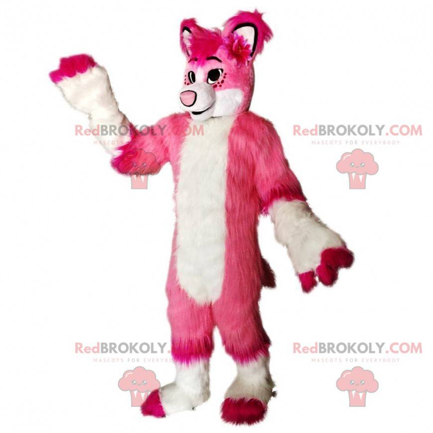 Mascota de zorro rosa y blanco, disfraz de perro peludo -