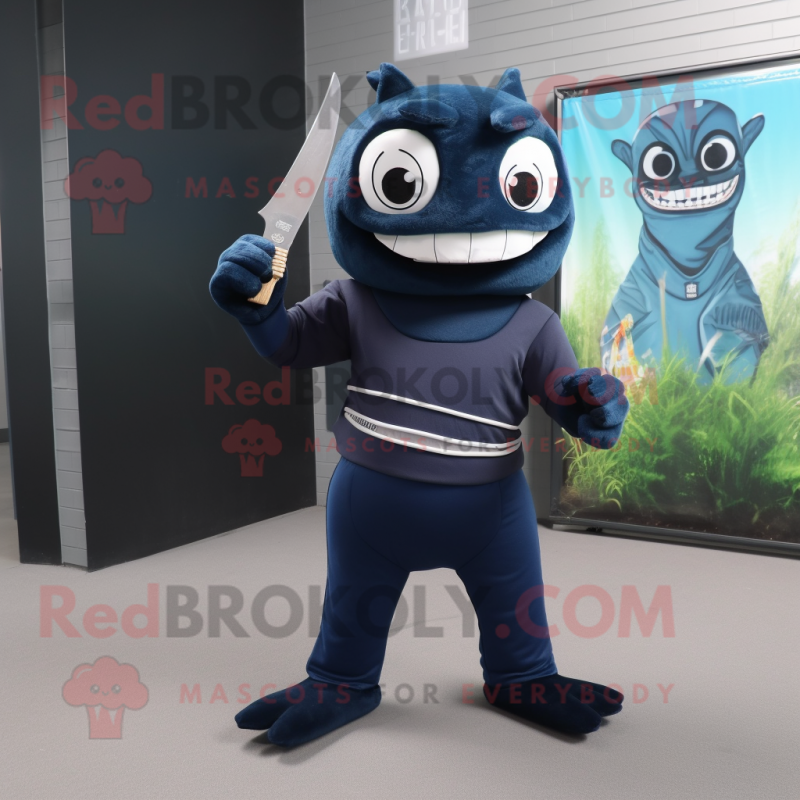 Navy Knife Thrower mascot costume character dressed with a Turtleneck and Tote bags Navy Knife Thrower mascot costume character dressed with a Turtleneck and Tote bags