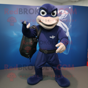 Navy Knife Thrower mascot costume character dressed with a Turtleneck and Tote bags