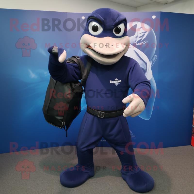 Navy Knife Thrower mascot costume character dressed with a Turtleneck and Tote bags Navy Knife Thrower mascot costume character dressed with a Turtleneck and Tote bags