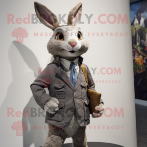 Gray Wild Rabbit mascot costume character dressed with a Blazer and Scarves