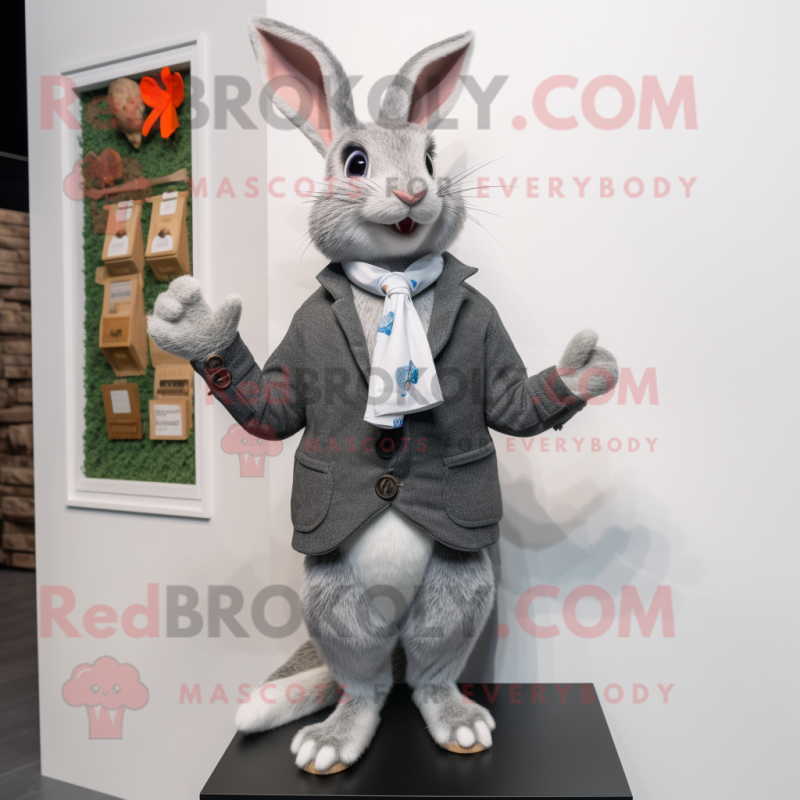 Gray Wild Rabbit mascot costume character dressed with a Blazer and Scarves