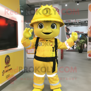 Lemon Yellow Fire Fighter mascot costume character dressed with a Jacket and Suspenders