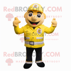 Lemon Yellow Fire Fighter mascot costume character dressed with a Jacket and Suspenders