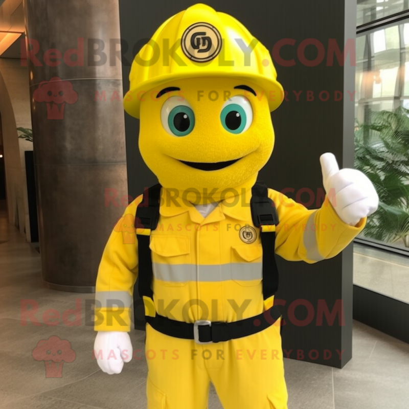 Lemon Yellow Fire Fighter mascot costume character dressed with a Jacket and Suspenders