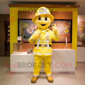 Lemon Yellow Fire Fighter mascot costume character dressed with a Jacket and Suspenders