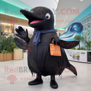 Black Humpback Whale mascot costume character dressed with a Jeggings and Scarf clips