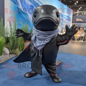 Black Humpback Whale mascot costume character dressed with a Jeggings and Scarf clips