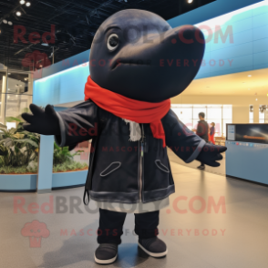 Black Humpback Whale mascot costume character dressed with a Jeggings and Scarf clips