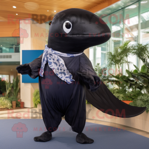 Black Humpback Whale mascot costume character dressed with a Jeggings and Scarf clips