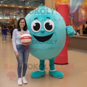 Turquoise Volleyball Ball mascot costume character dressed with a Mom Jeans and Anklets