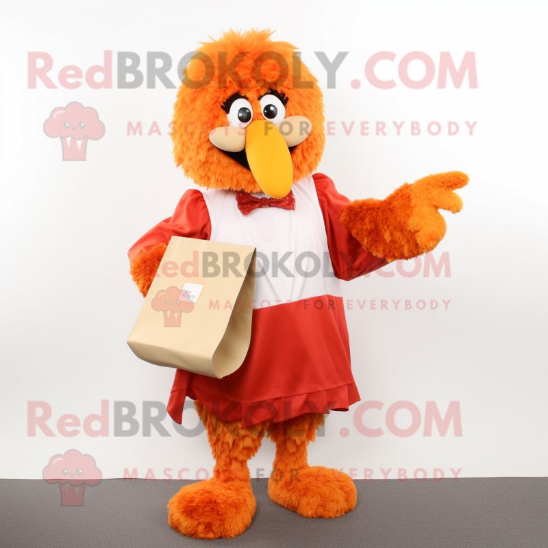 Peach Chicken Parmesan mascot costume character dressed with a Dress Shirt and Clutch bags