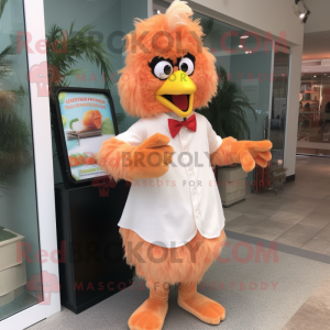 Peach Chicken Parmesan mascot costume character dressed with a Dress Shirt and Clutch bags