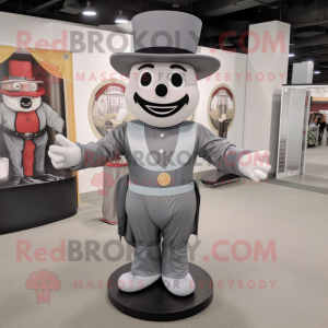 Gray Ring Master mascot costume character dressed with a Henley Shirt and Suspenders