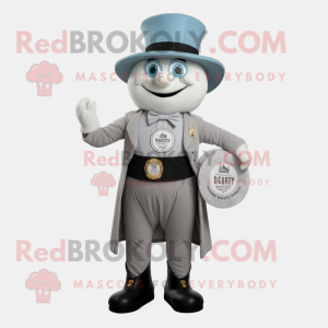 Gray Ring Master mascot costume character dressed with a Henley Shirt and Suspenders