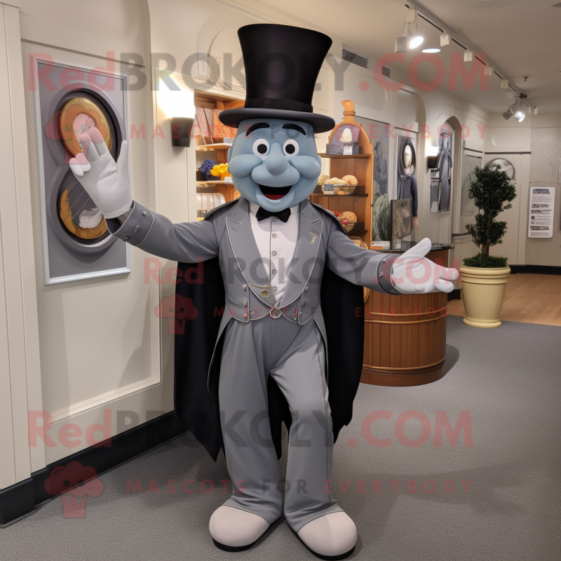 Gray Ring Master mascot costume character dressed with a Henley Shirt and Suspenders