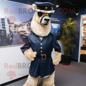 Navy Camel mascot costume character dressed with a Suit Pants and Suspenders