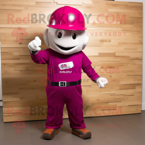 Magenta American Football Helmet mascot costume character dressed with a Cargo Pants and Hat pins