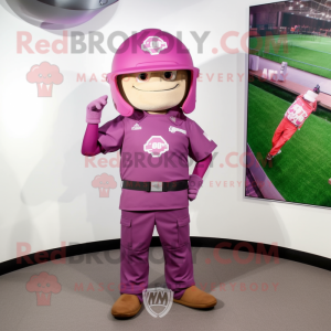 Magenta American Football Helmet mascot costume character dressed with a Cargo Pants and Hat pins