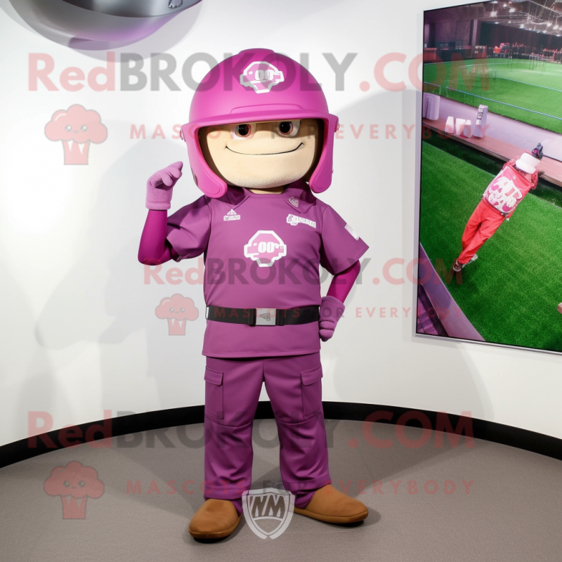 Magenta American Football Helmet mascot costume character dressed with a Cargo Pants and Hat pins Magenta American Football Helmet mascot costume character dressed with a Cargo Pants and Hat pins
